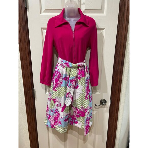 Vintage Komars Fuchsia Collared Dress With Floral Patchwork Skirt & Belt - Picture 6 of 8